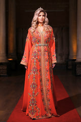 GÜNEŞ TURUNCU ALTIN İŞLEMELİ KINA FİSTAN